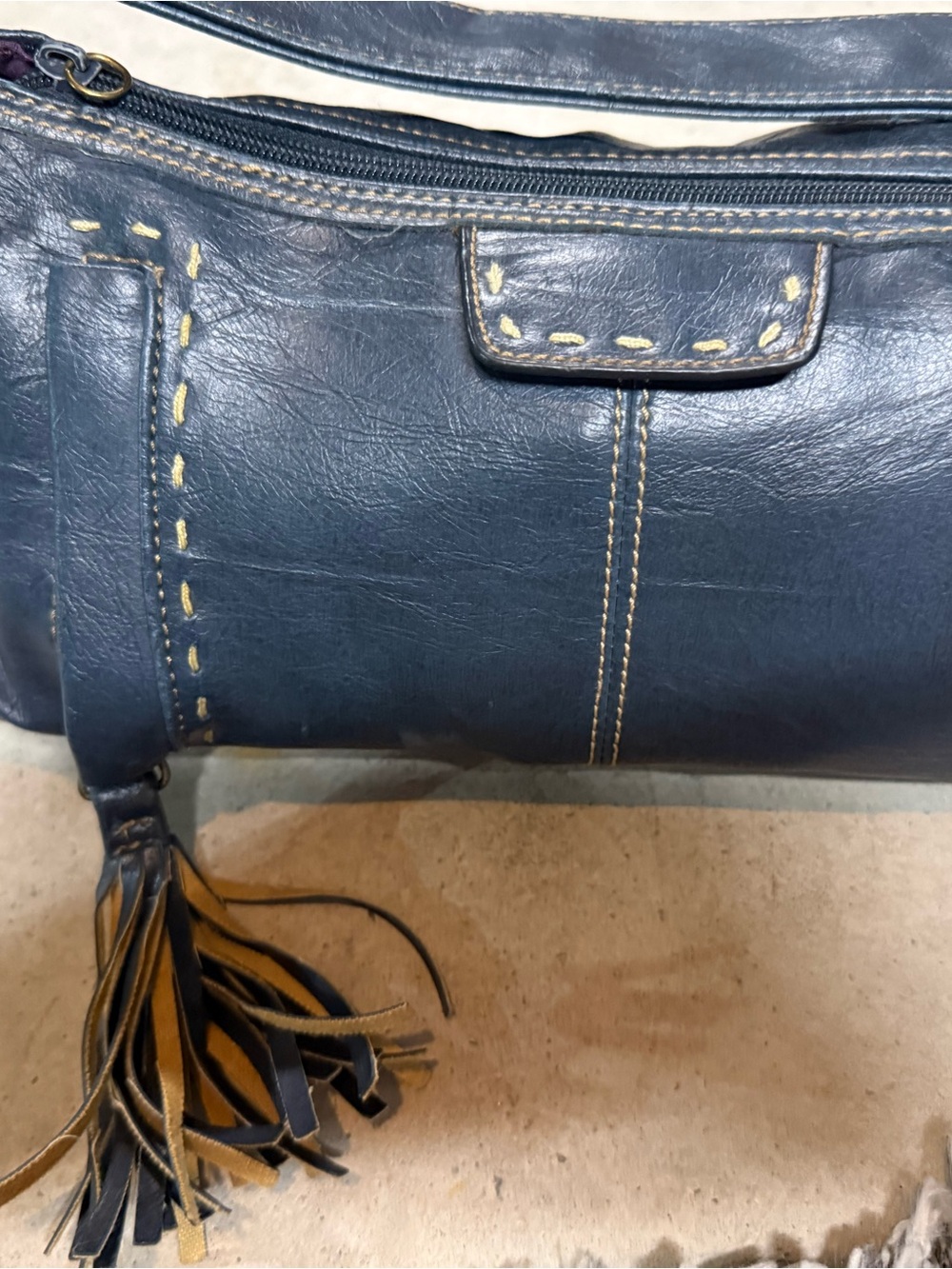 Classic Navy Leather Shoulder Bag with Tassel